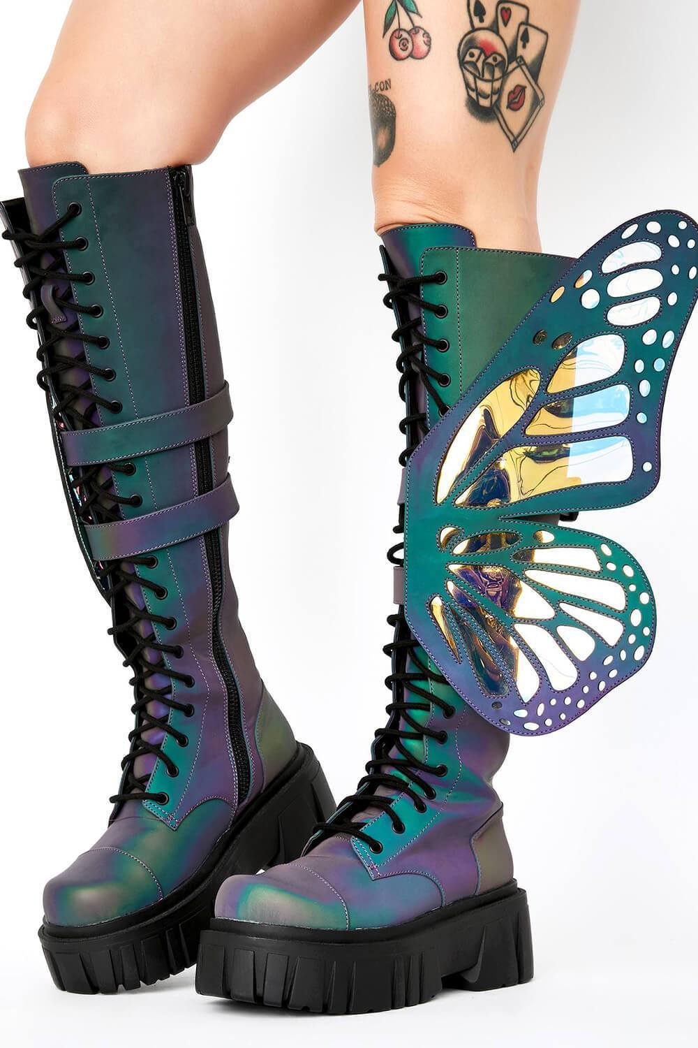 Holographic Rainbow Reflective Lace Up Knee High Combat Boots With Butterfly Wings - MomyMall