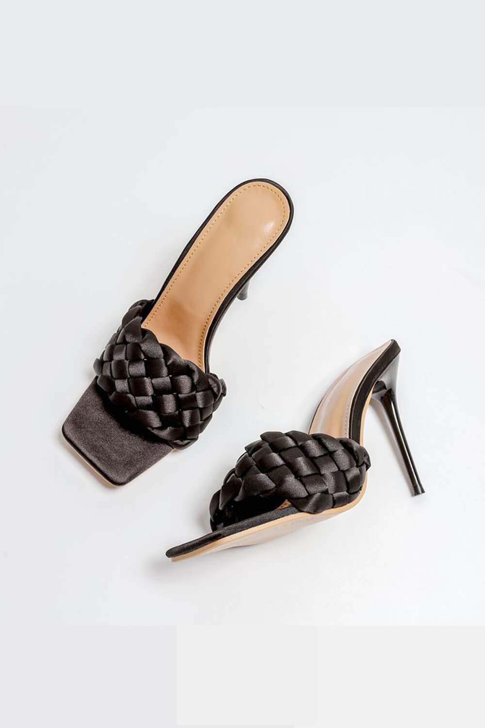 Black Woven Satin Stiletto Mules - MomyMall