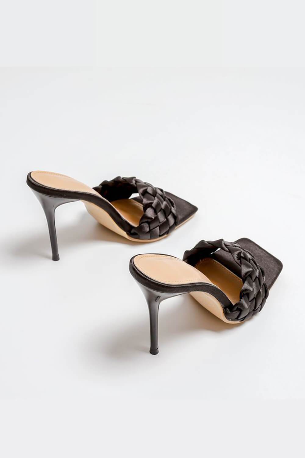 Black Woven Satin Stiletto Mules - MomyMall