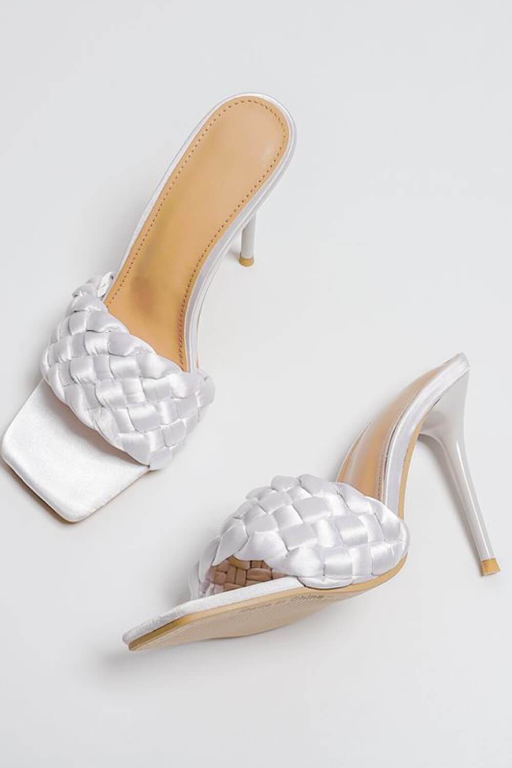 White Woven Satin Stiletto Mules - MomyMall