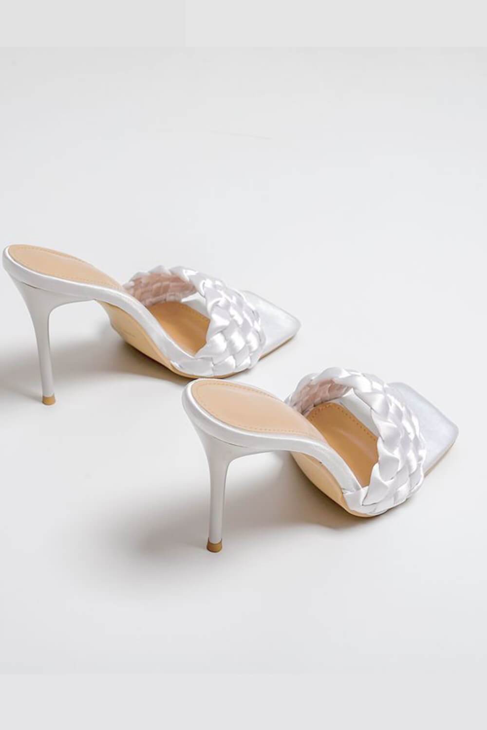 White Woven Satin Stiletto Mules - MomyMall