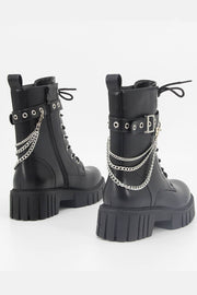 Black Lace Up Buckle Chain Chunky Ankle Boots - MomyMall