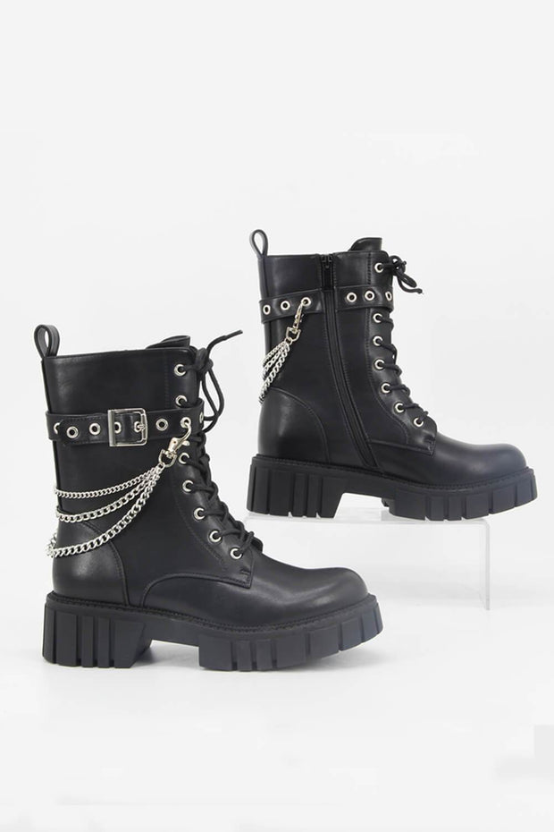 Black Lace Up Buckle Chain Chunky Ankle Boots - MomyMall