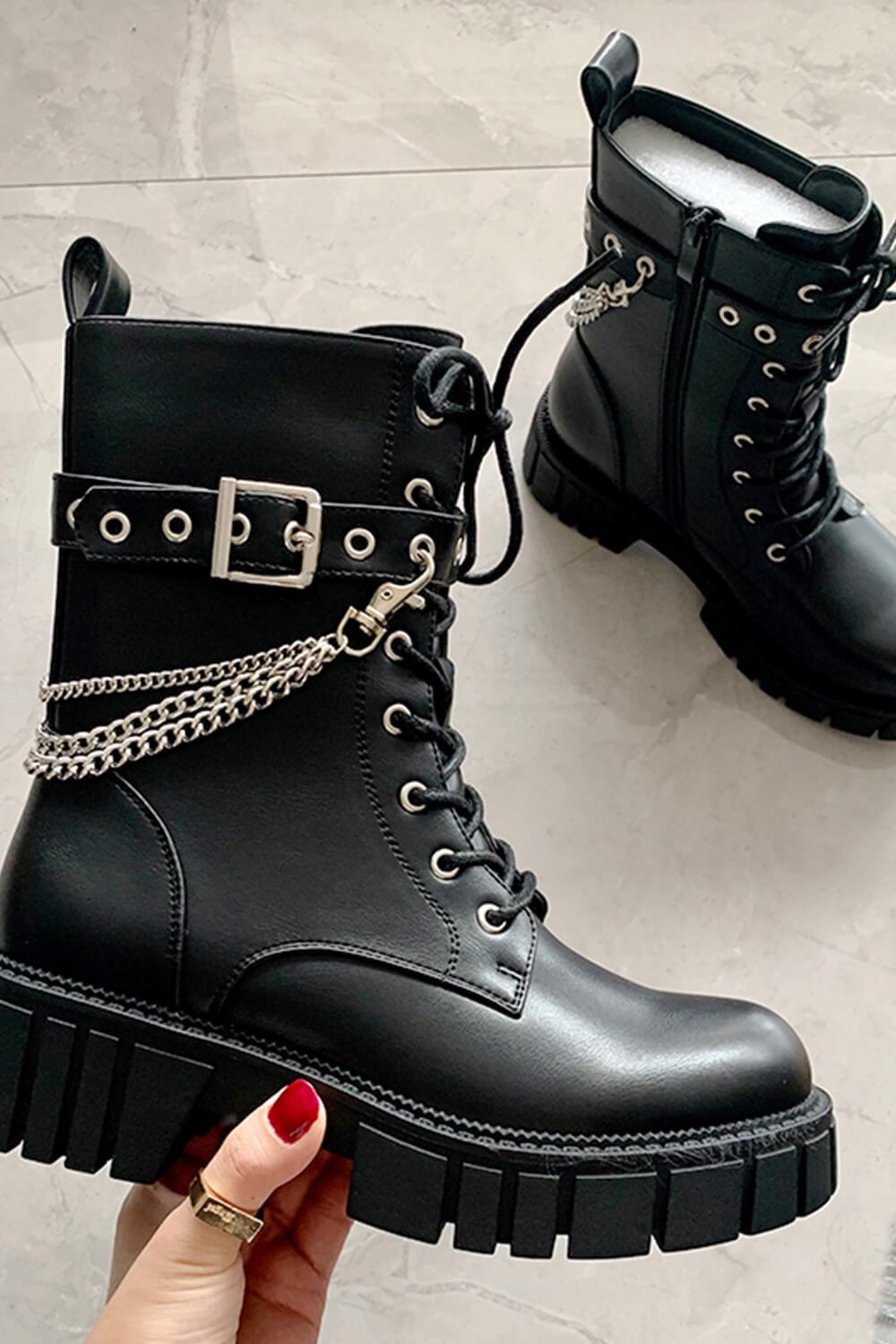 Black Lace Up Buckle Chain Chunky Ankle Boots - MomyMall