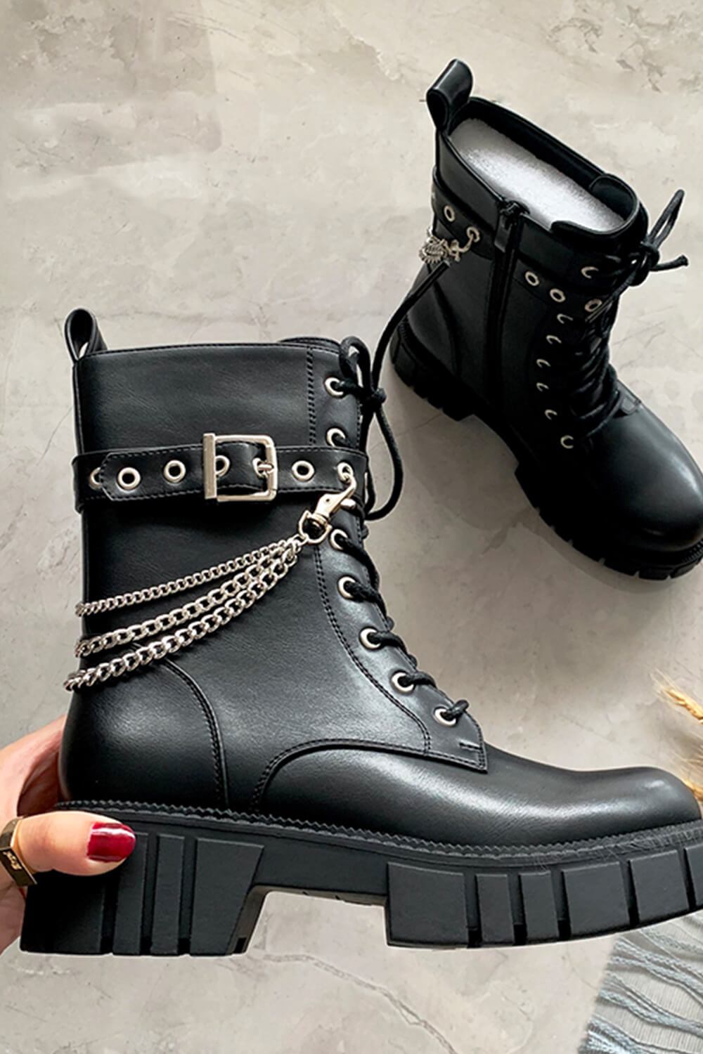 Black Lace Up Buckle Chain Chunky Ankle Boots - MomyMall