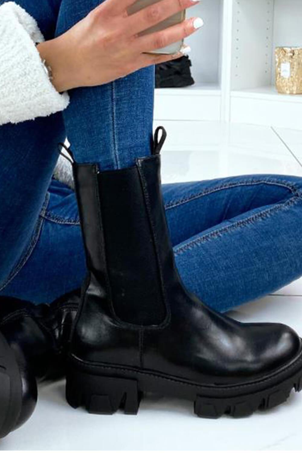 Black Wide Fit Calf High Chunky Sole Boots