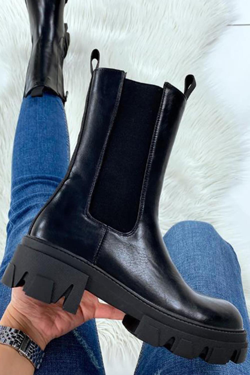 Black Wide Fit Calf High Chunky Sole Boots