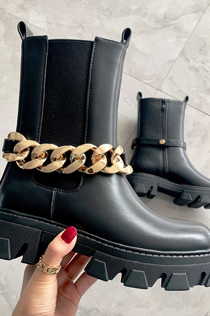 Black Wide Fit Chain Detail Chunky Ankle Boots - MomyMall