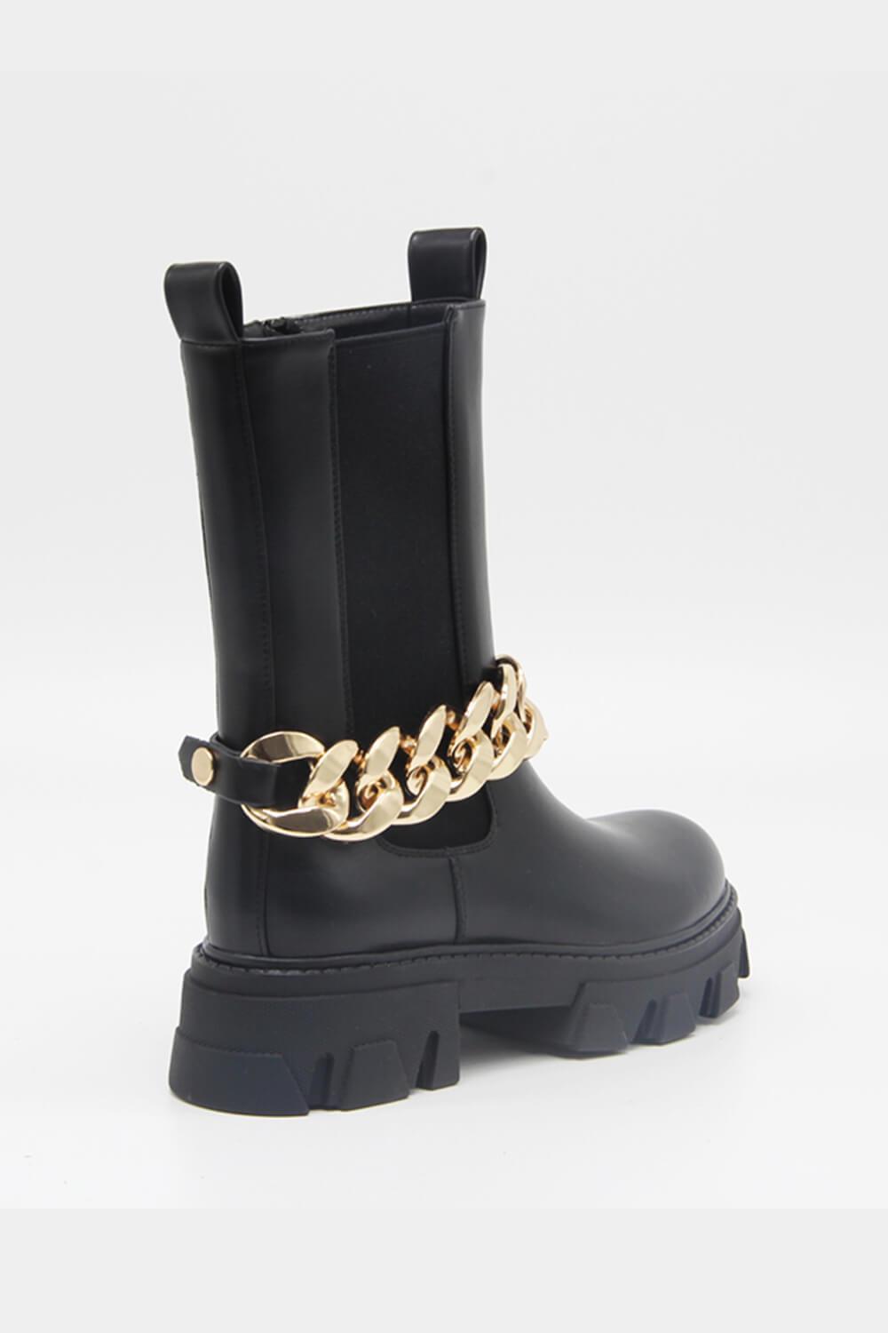 Black Wide Fit Chain Detail Chunky Ankle Boots - MomyMall