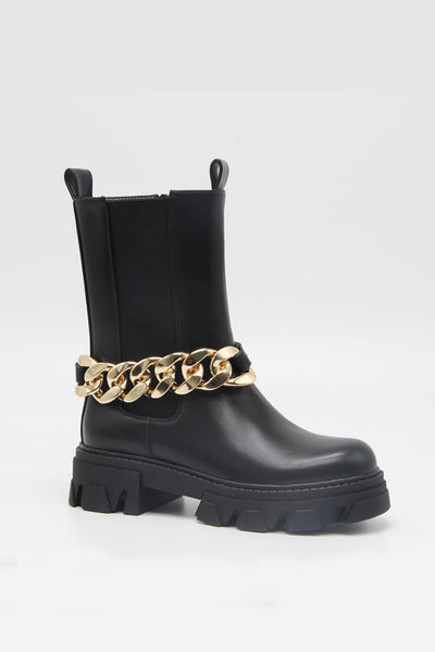 Black Wide Fit Chain Detail Chunky Ankle Boots - MomyMall