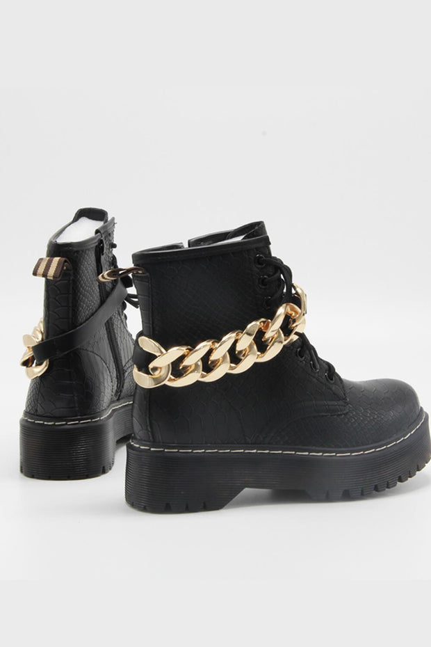 Black Croc Lace Up Buckle Chain Chunky Ankle Boots