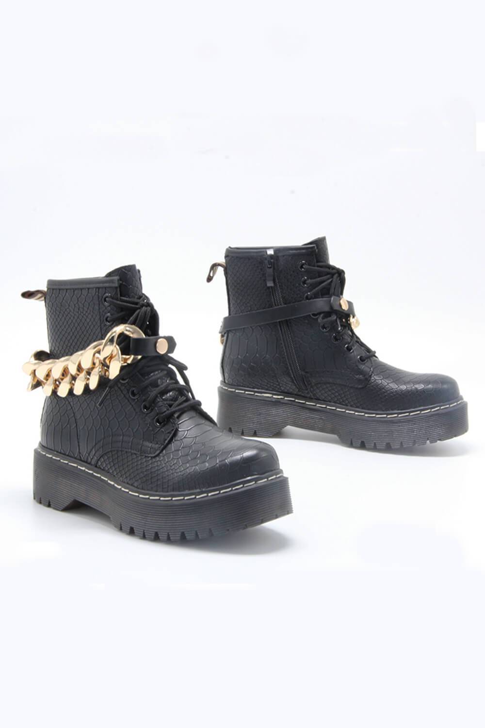 Black Croc Lace Up Buckle Chain Chunky Ankle Boots