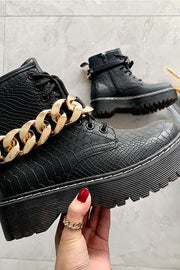 Black Croc Lace Up Buckle Chain Chunky Ankle Boots