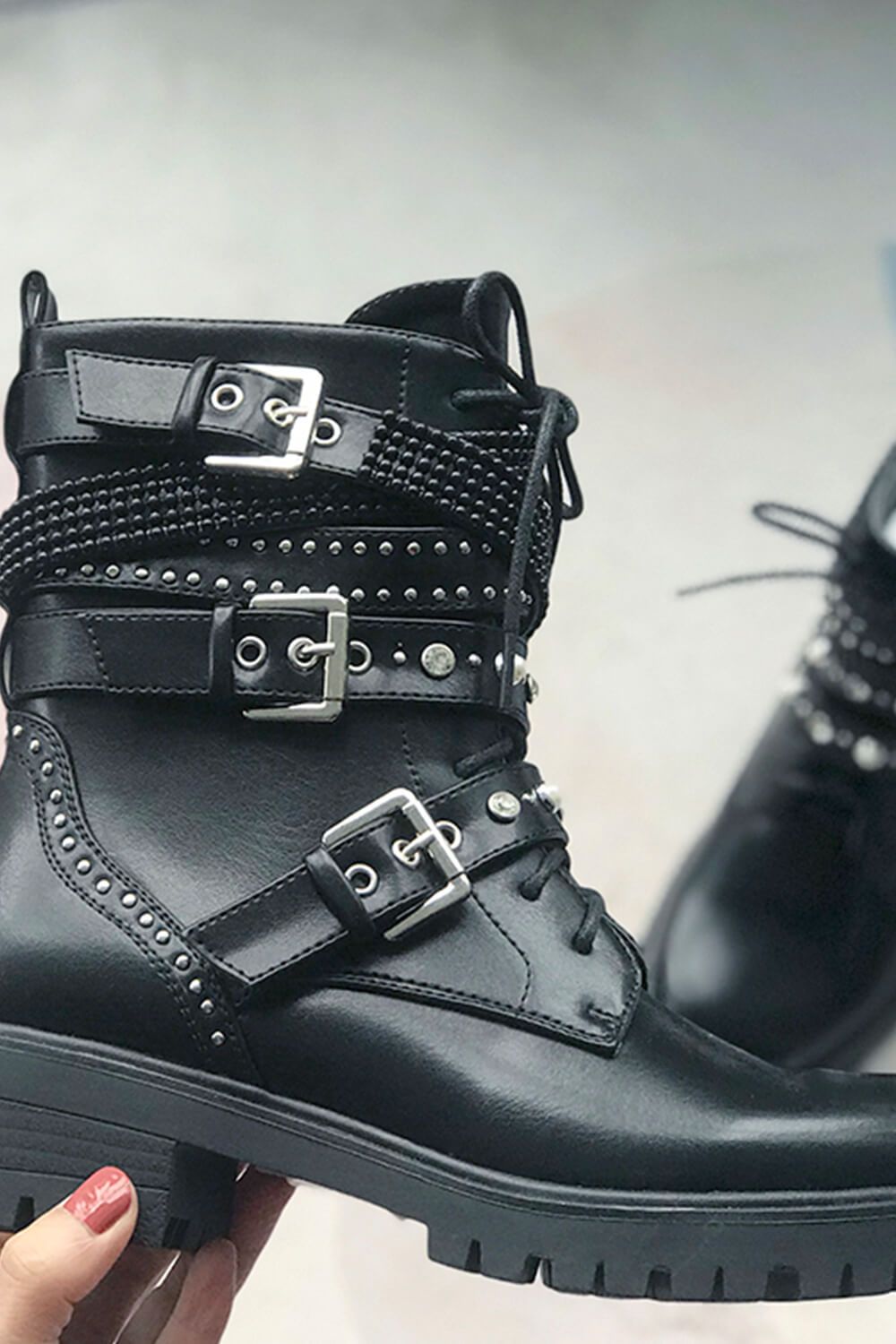 Black Studded Buckle Strap Lace Up Combat Boots With Beads Detailing - MomyMall