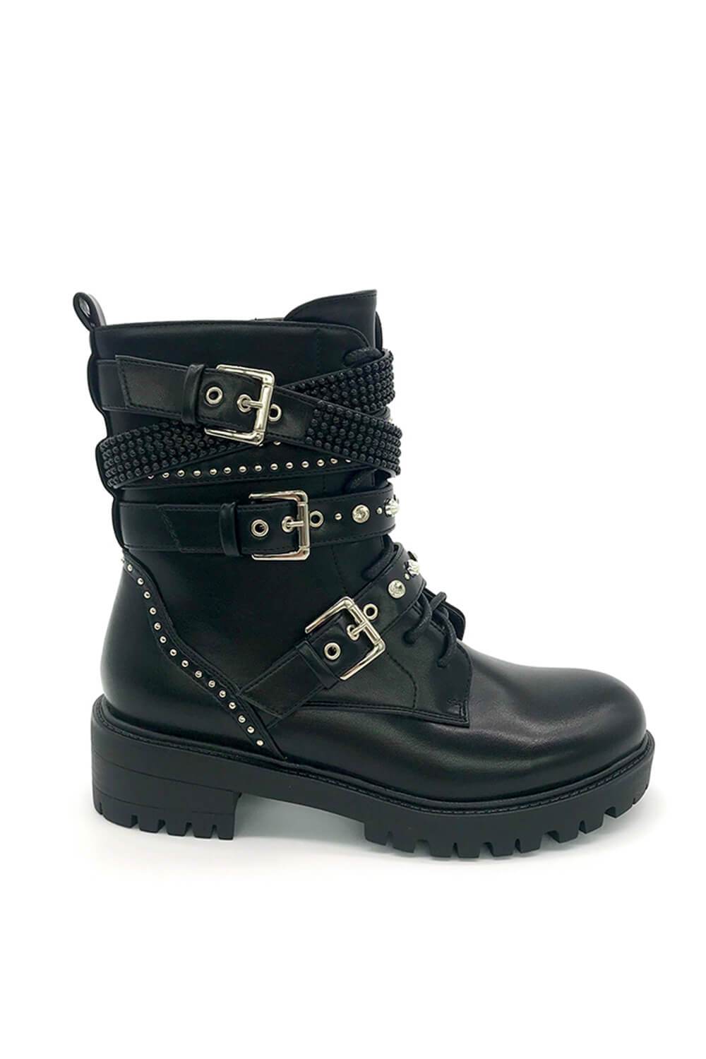 Black Studded Buckle Strap Lace Up Combat Boots With Beads Detailing - MomyMall