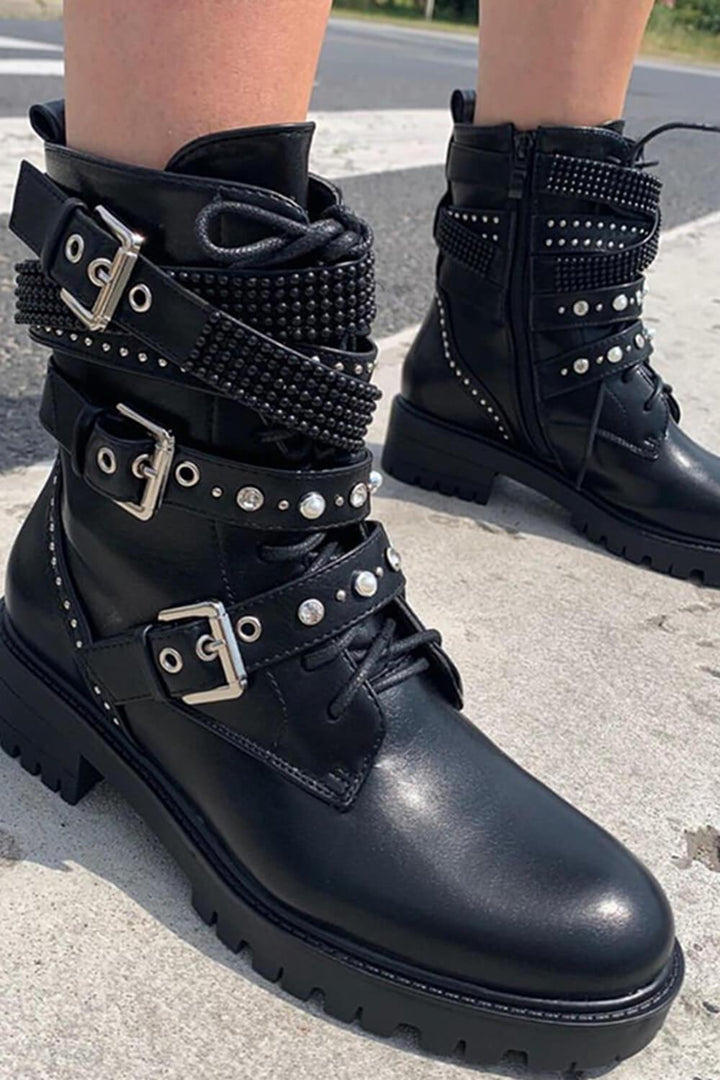 Black Studded Buckle Strap Lace Up Combat Boots With Beads Detailing - MomyMall