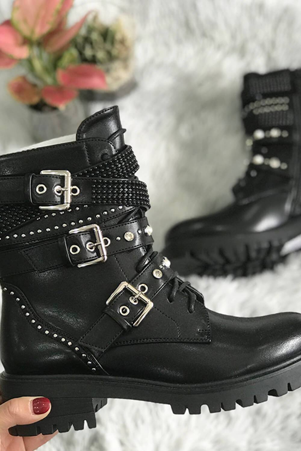 Black Studded Buckle Strap Lace Up Combat Boots With Beads Detailing - MomyMall