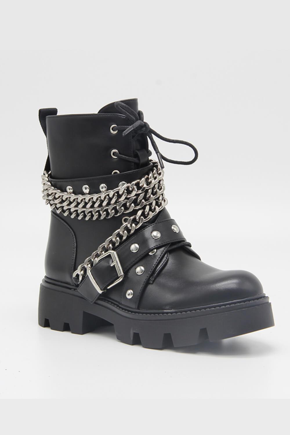 Black Studded Buckle Strap Chain Trim Lace Up Combat Boots - MomyMall