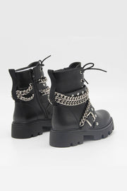 Black Studded Buckle Strap Chain Trim Lace Up Combat Boots - MomyMall