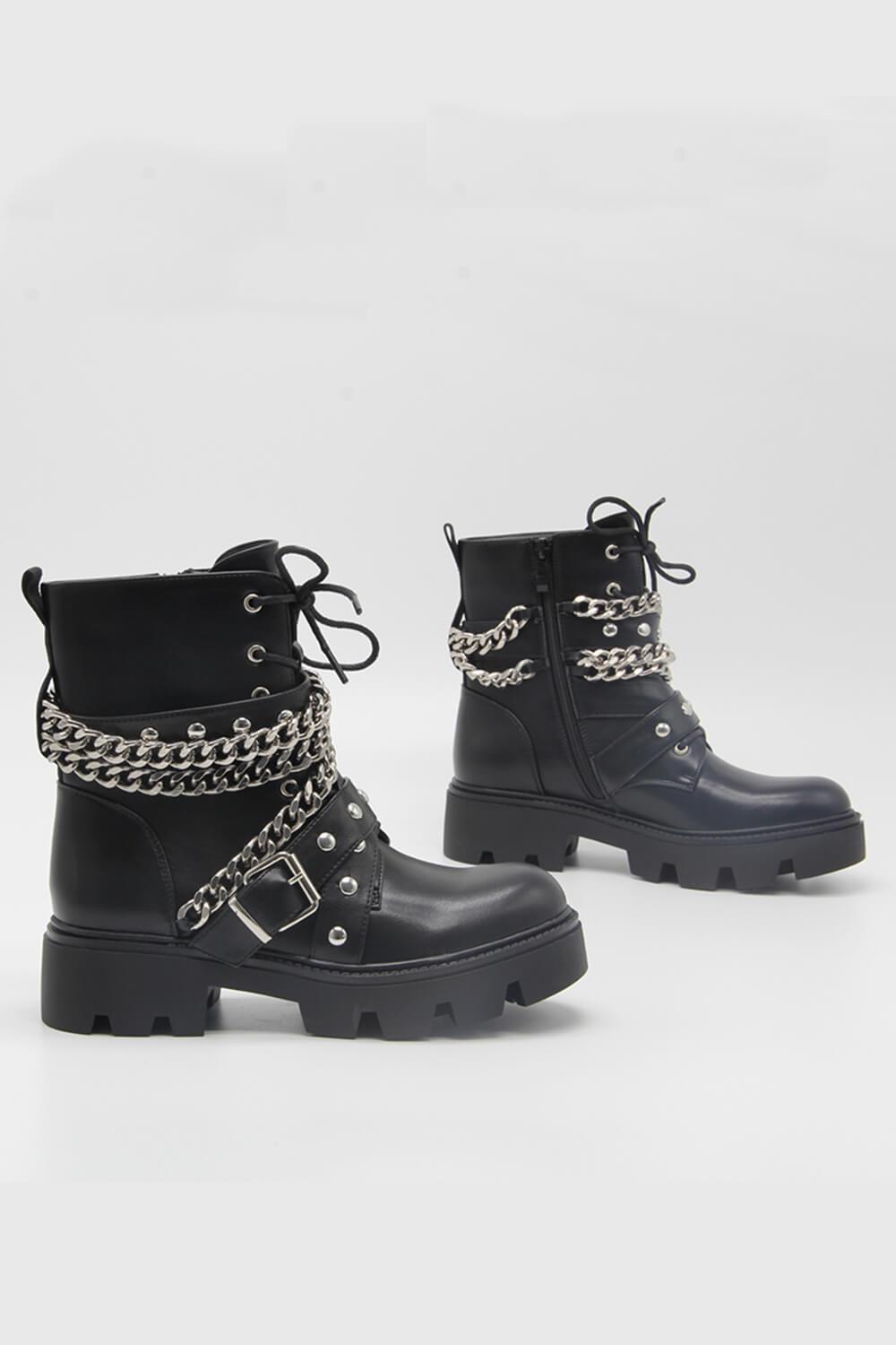 Black Studded Buckle Strap Chain Trim Lace Up Combat Boots - MomyMall