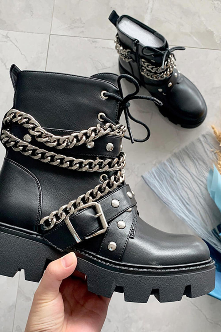 Black Studded Buckle Strap Chain Trim Lace Up Combat Boots - MomyMall