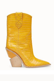 Mustard Croc Cut-Out Heel Mid Western Cowboy Boots - MomyMall