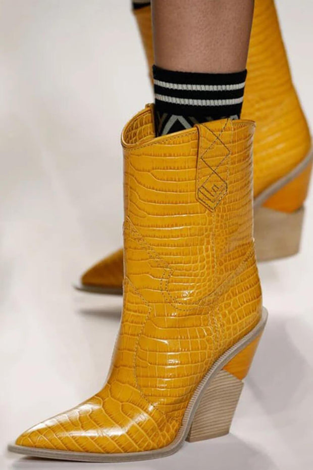 Mustard Croc Cut-Out Heel Mid Western Cowboy Boots - MomyMall