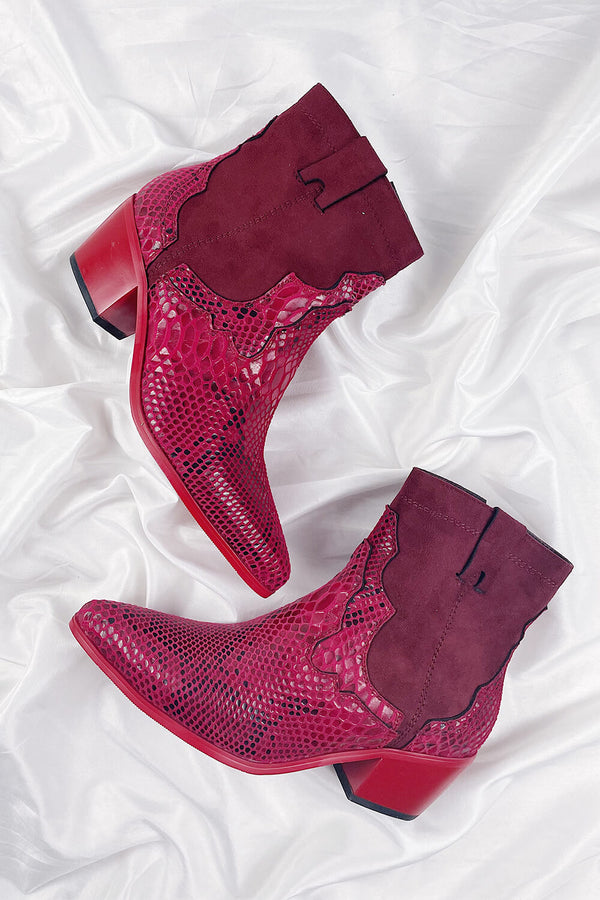 Red Snake Suede Cowboy Boots - MomyMall