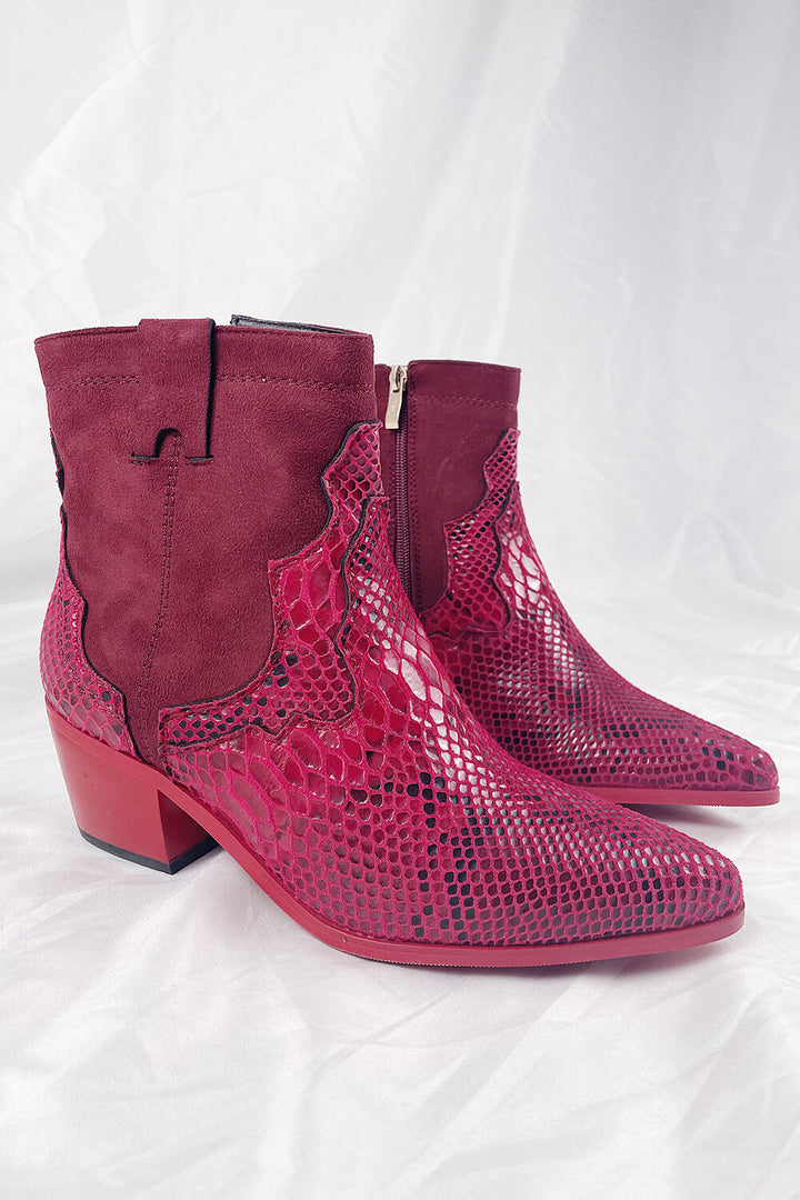 Red Snake Suede Cowboy Boots - MomyMall