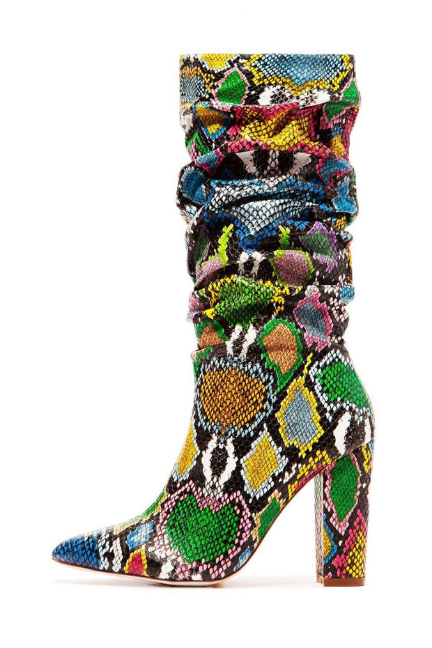 Multi-Colored Python Print Ruched Knee High Boots - MomyMall