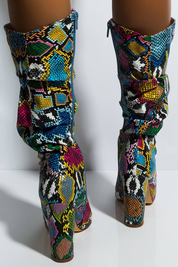 Multi-Colored Python Print Ruched Knee High Boots - MomyMall
