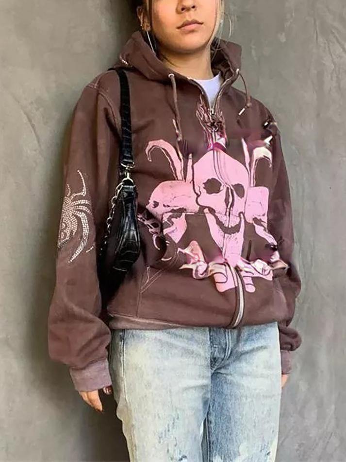 Skeleton Graphic Zip-Up Oversized Hoodie