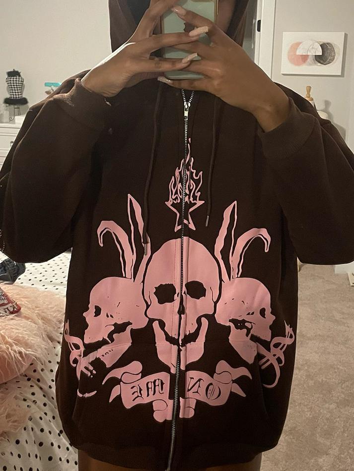 Skeleton Graphic Zip-Up Oversized Hoodie