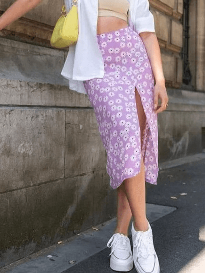 Split Daisy Print Midi Skirt - MomyMall Pink / S
