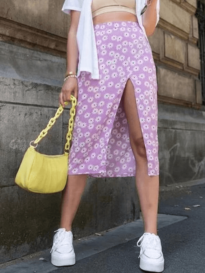 Split Daisy Print Midi Skirt - MomyMall