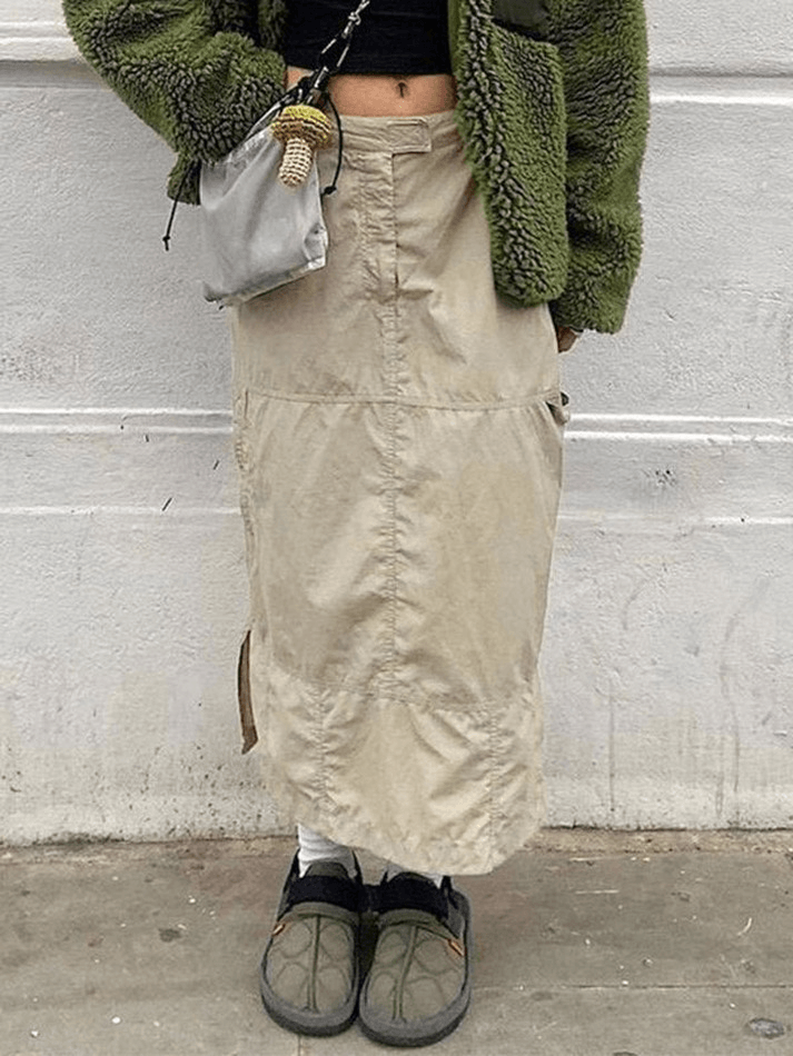 Split Y2K Long Cargo Skirt - MomyMall Beige / S