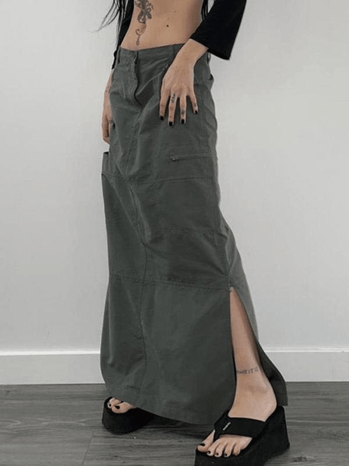 Split Y2K Low Waist Cargo Skirt - MomyMall Gray / S