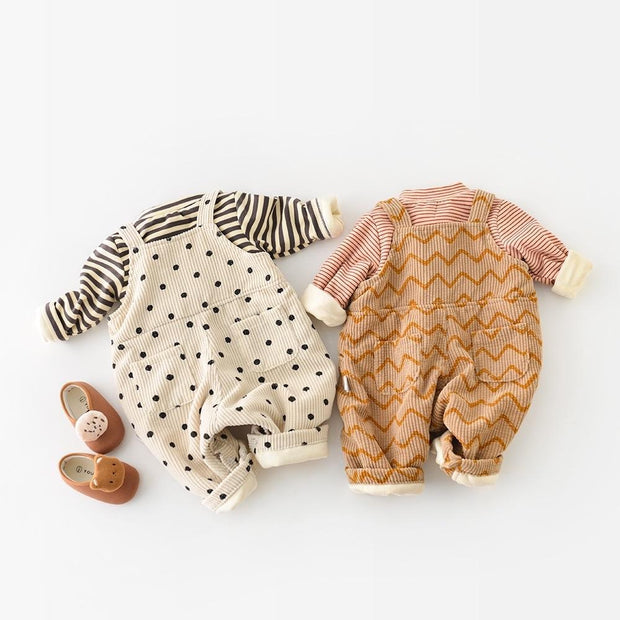 Striped Polka Dot Corduroy Plush Romper - MomyMall