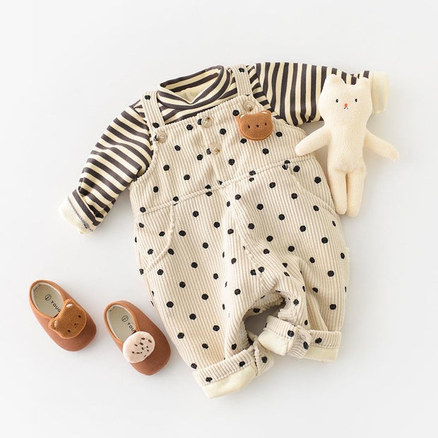 Striped Polka Dot Corduroy Plush Romper - MomyMall