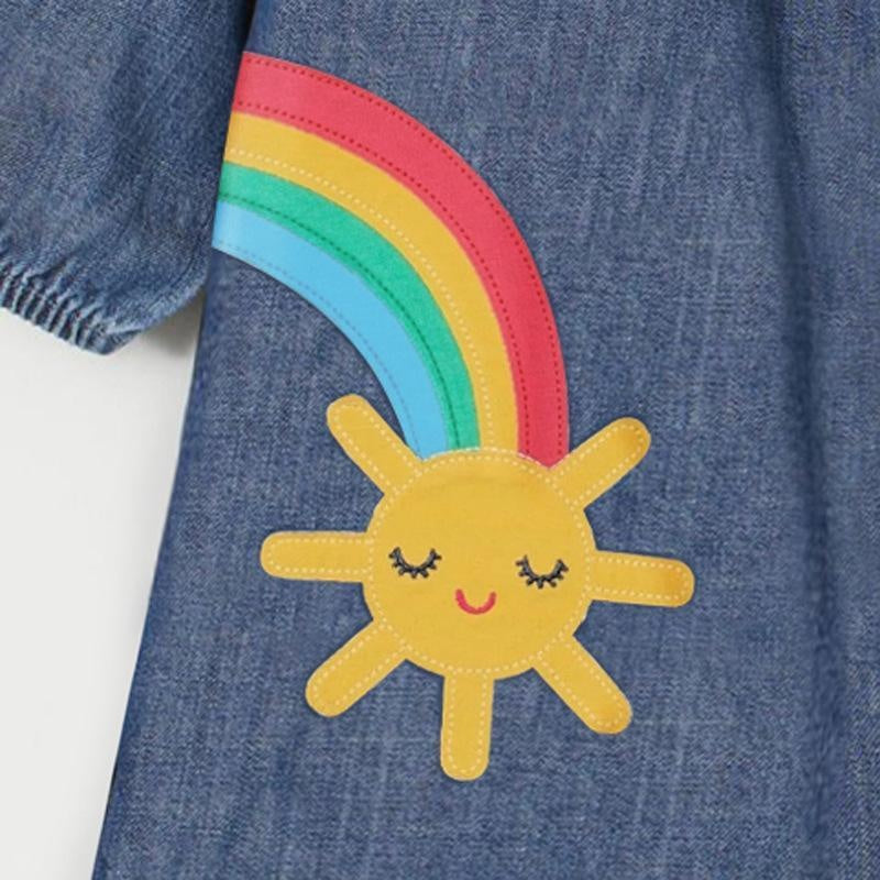 Sunshine Rainbow Tiny Bee Patch Denim Dress - MomyMall