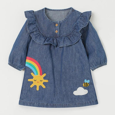 Sunshine Rainbow Tiny Bee Patch Denim Dress - MomyMall 2-3 Years