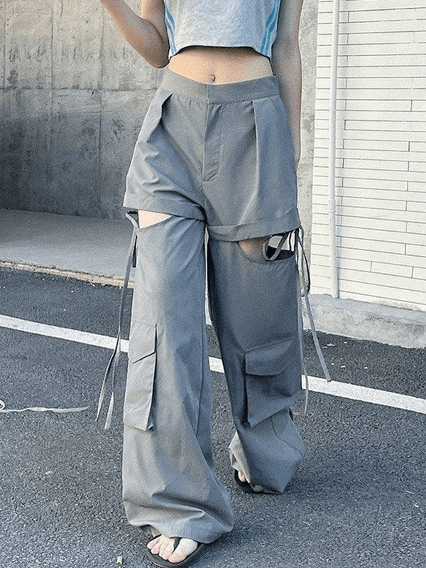 Tie Strap Cutout Baggy Cargo Pants - MomyMall Gray / S