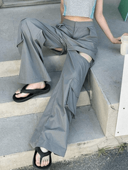 Tie Strap Cutout Baggy Cargo Pants - MomyMall