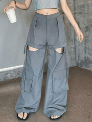 Tie Strap Cutout Baggy Cargo Pants - MomyMall