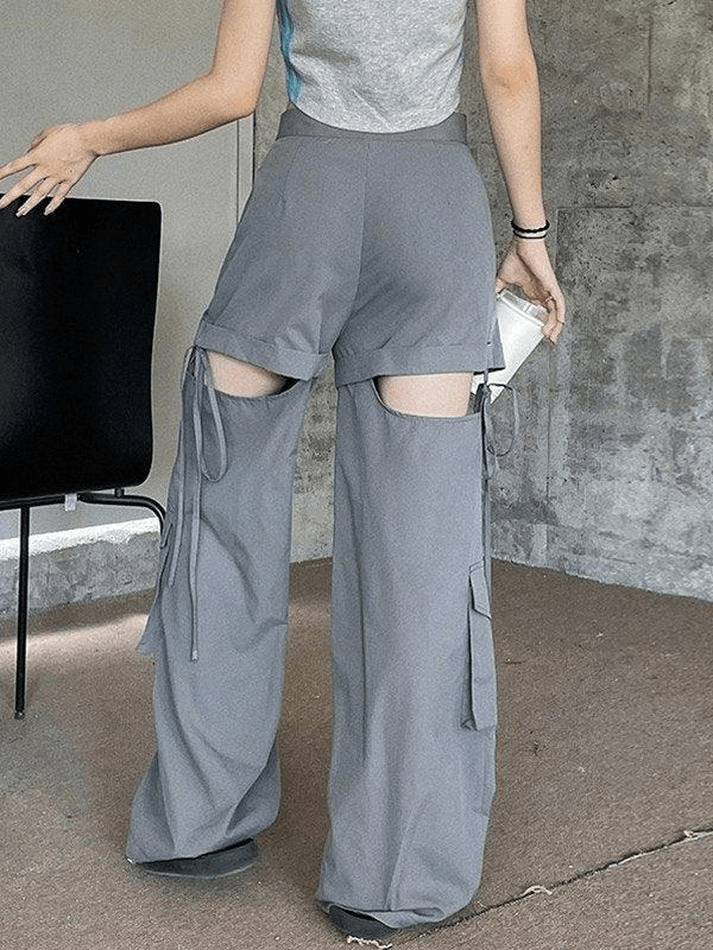 Tie Strap Cutout Baggy Cargo Pants - MomyMall