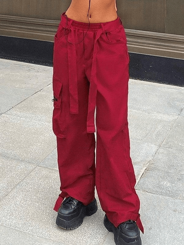 Tie Strap Pocket Baggy Casual Pants - MomyMall Red / S