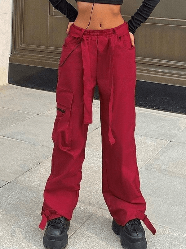 Tie Strap Pocket Baggy Casual Pants - MomyMall