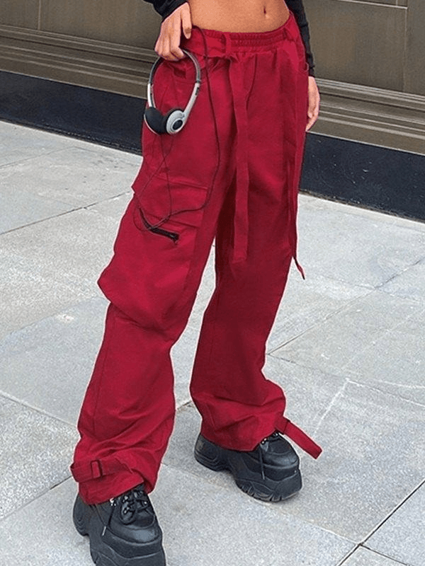 Tie Strap Pocket Baggy Casual Pants - MomyMall