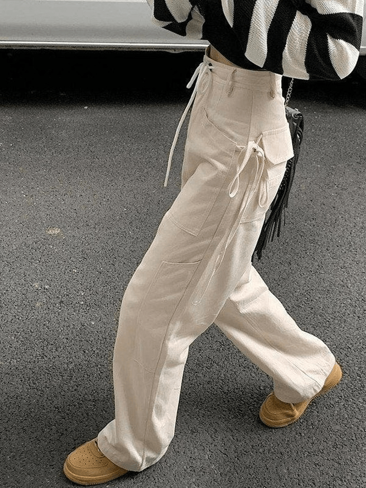 Tie Strap Straight Leg Pants - MomyMall Beige / S