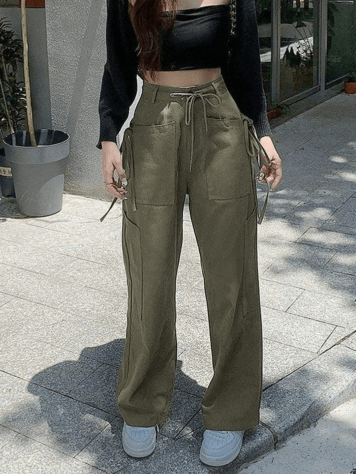 Tie Strap Straight Leg Pants - MomyMall